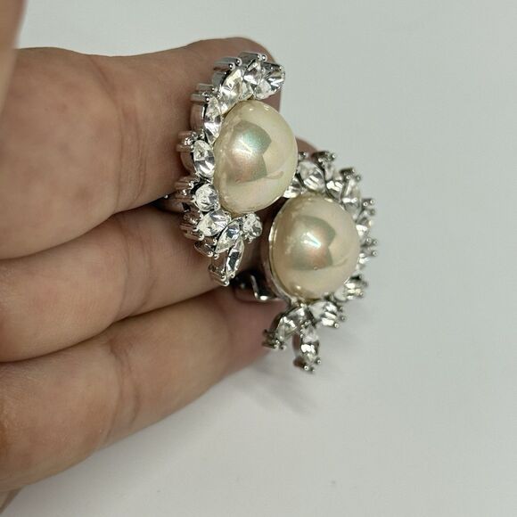 Nolan Miller Vintage Glamour Collection Faux Pearl Rhinestone Clip Stud Earrings - Picture 2 of 6